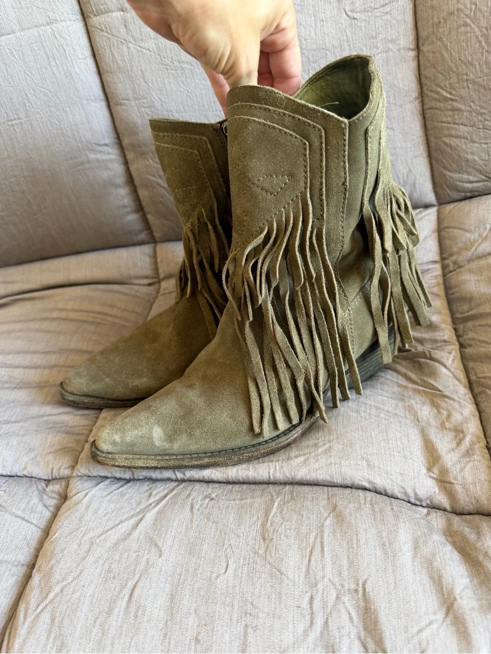 Free People Lawless Fringe olive green suede boots